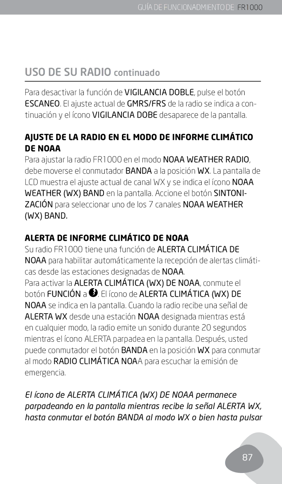 Eton FR1000 owner manual Ajuste DE LA Radio EN EL Modo DE Informe Climático DE Noaa, Alerta DE Informe Climático DE Noaa 