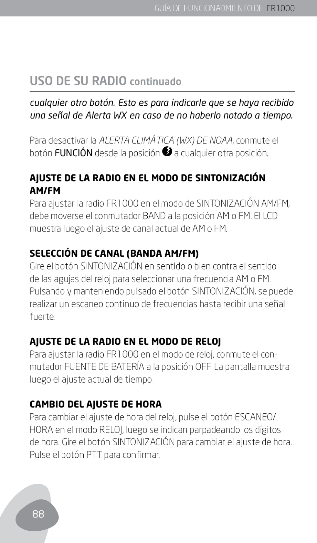 Eton FR1000 owner manual Ajuste DE LA Radio EN EL Modo DE Sintonización AM/FM, Selección DE Canal Banda AM/FM 