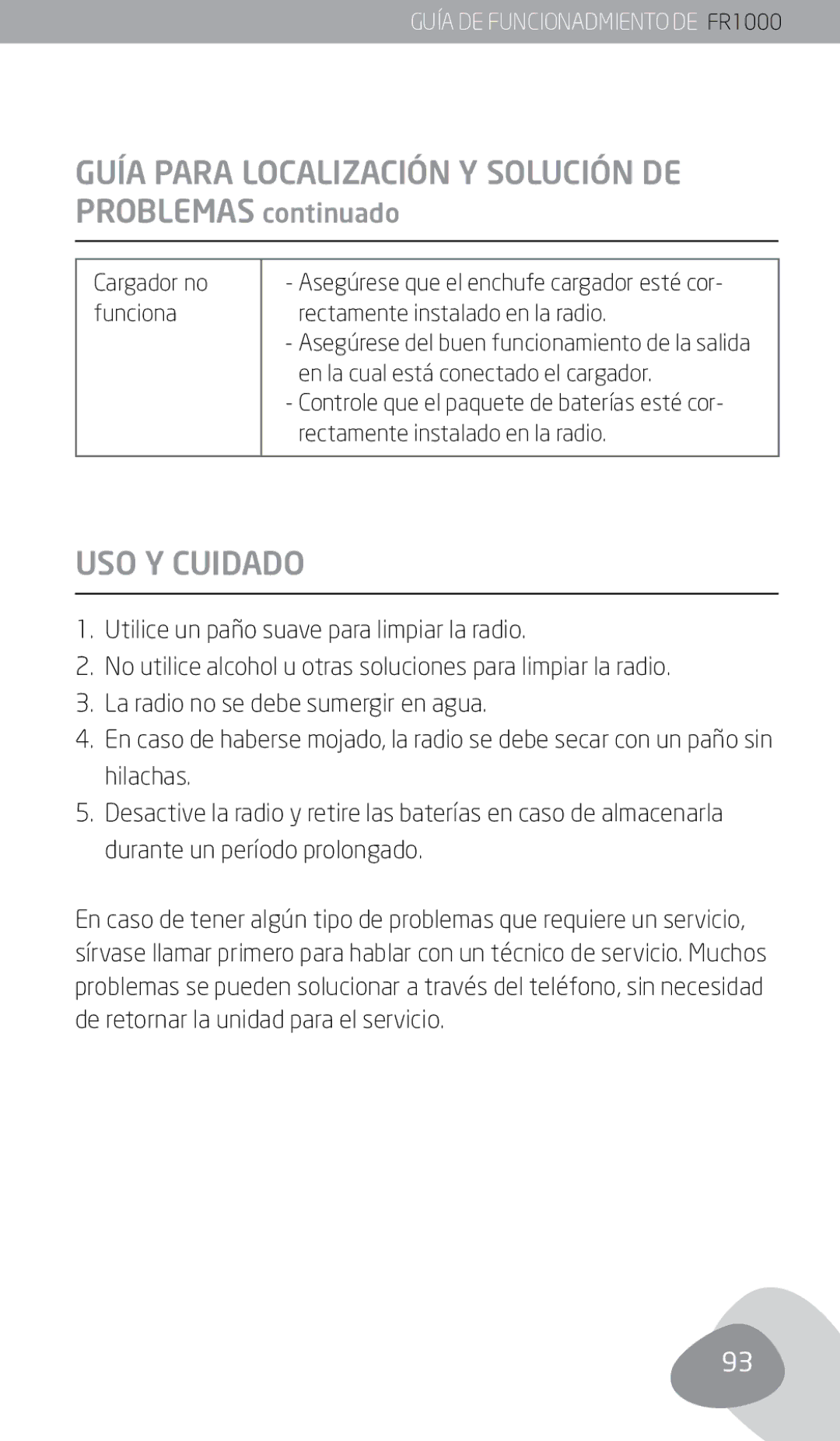 Eton FR1000 owner manual Guía Para Localización Y Solución DE Problemas continuado, USO Y Cuidado 