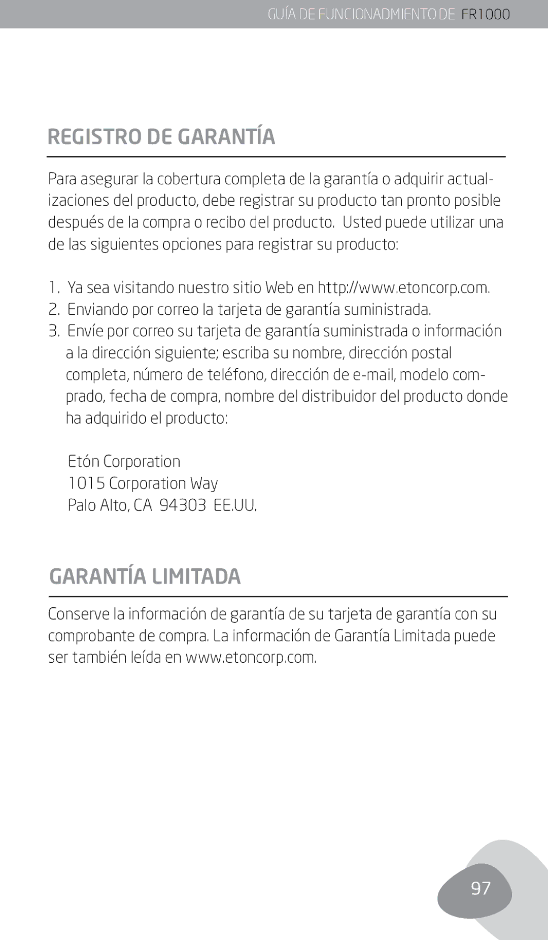 Eton FR1000 owner manual Registro DE Garantía, Garantía Limitada, Enviando por correo la tarjeta de garantía suministrada 