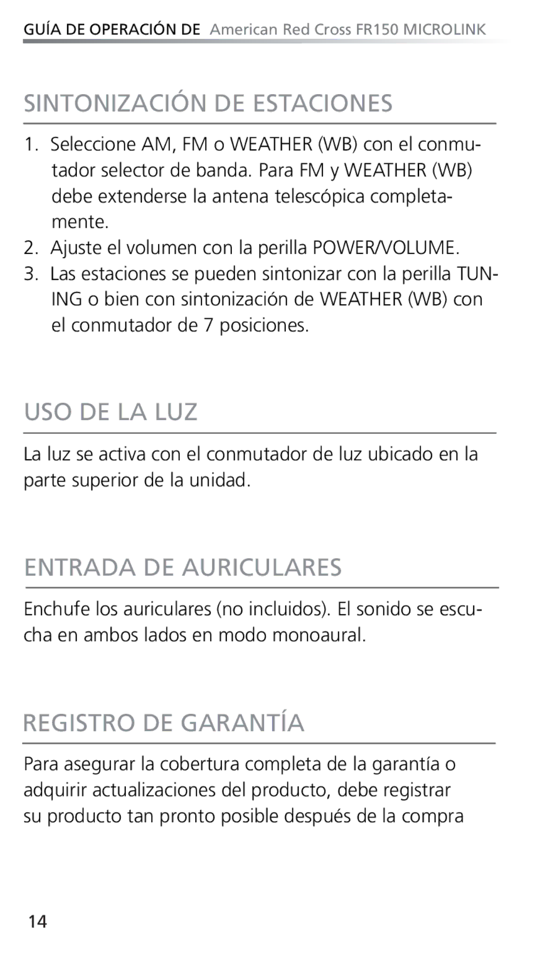 Eton FR150 owner manual Sintonización DE Estaciones, Uso De La Luz, Entrada DE Auriculares, Registro DE Garantía 