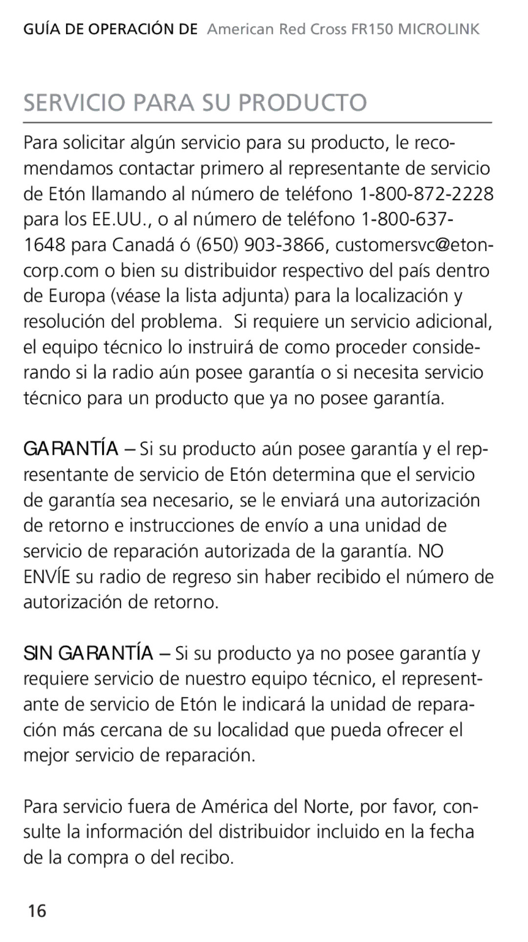 Eton FR150 owner manual Servicio Para SU Producto 