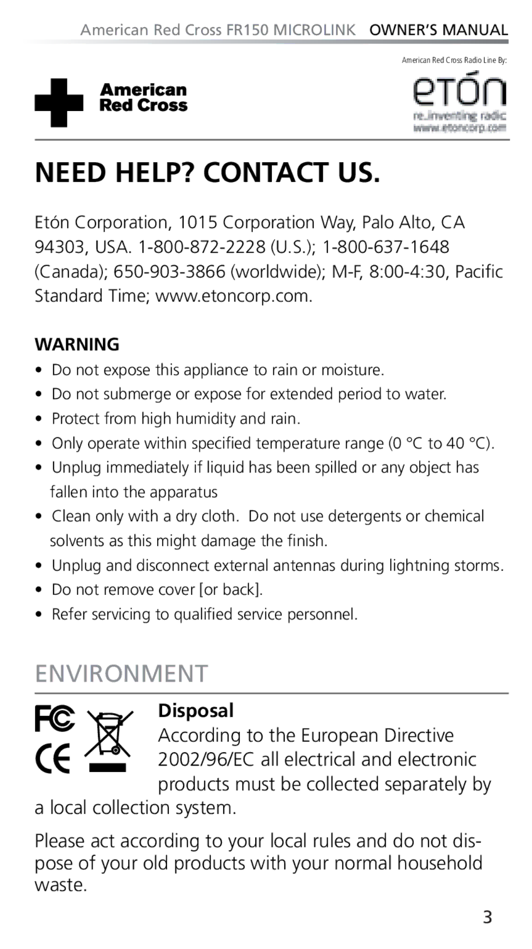 Eton FR150 owner manual Need HELP? Contact US, Environment 