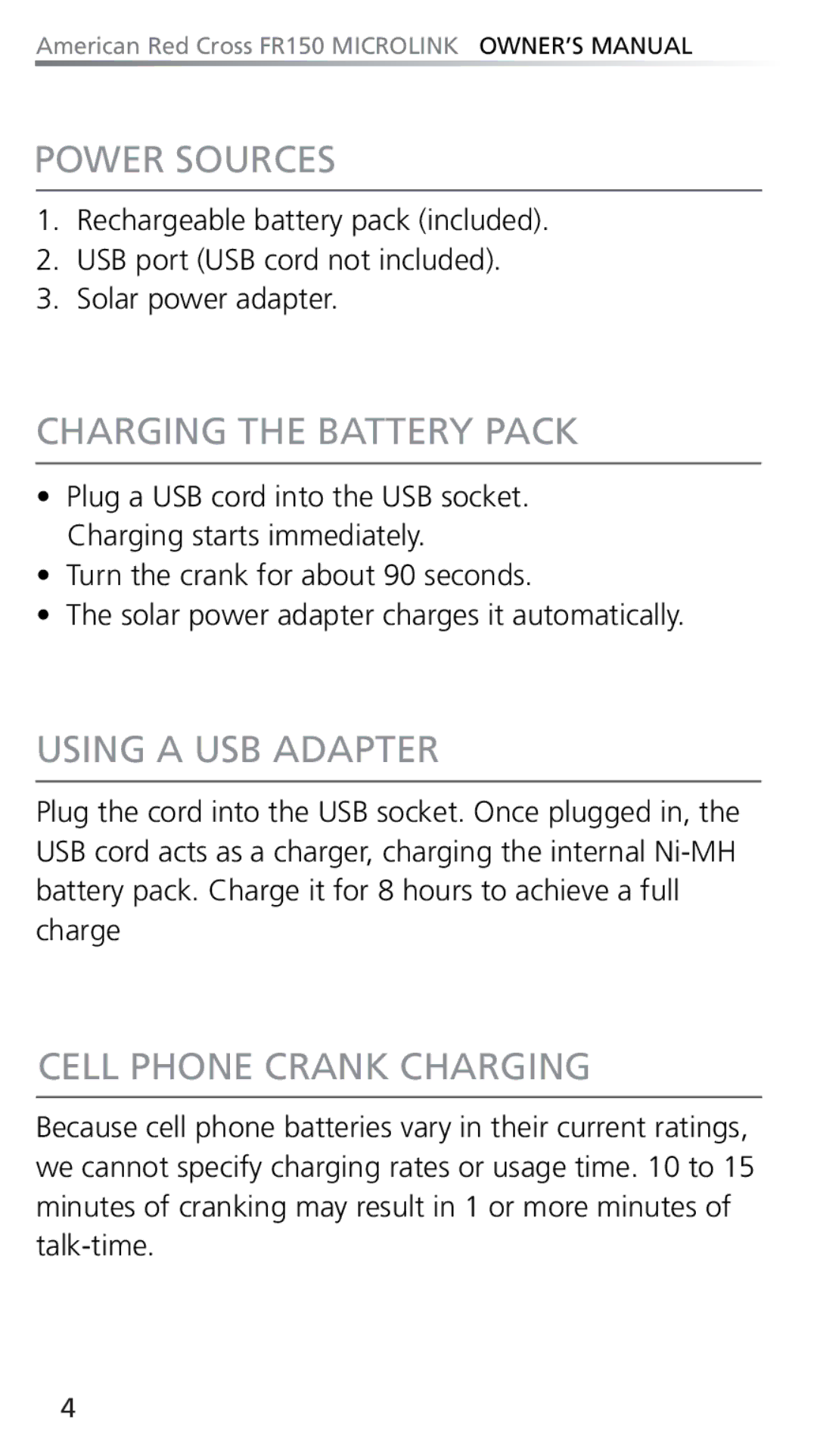 Eton FR150 owner manual Power Sources, Charging the Battery Pack, Using a USB Adapter, Cell Phone Crank Charging 