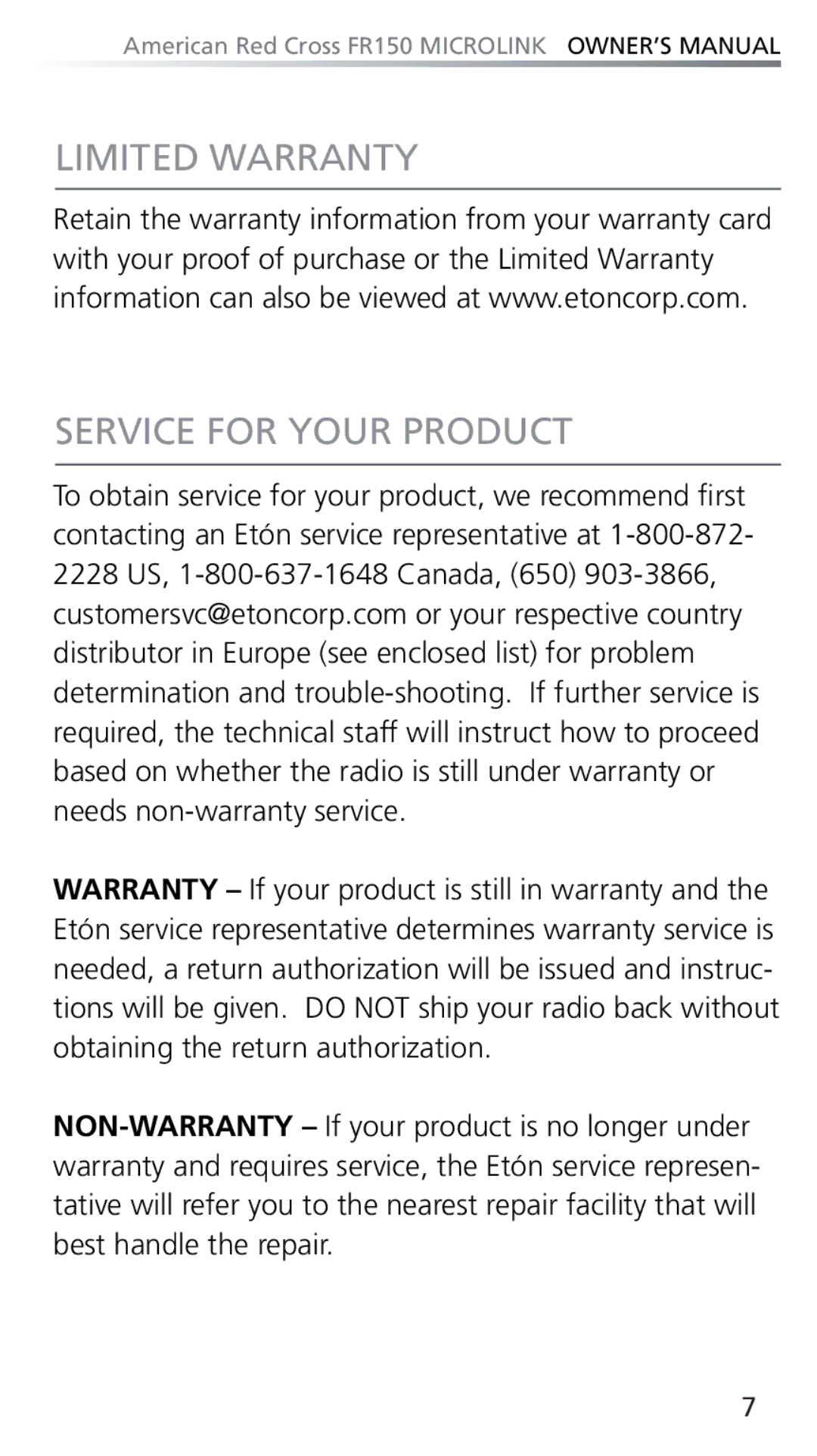 Eton FR150 owner manual Limited Warranty Service for Your Product 