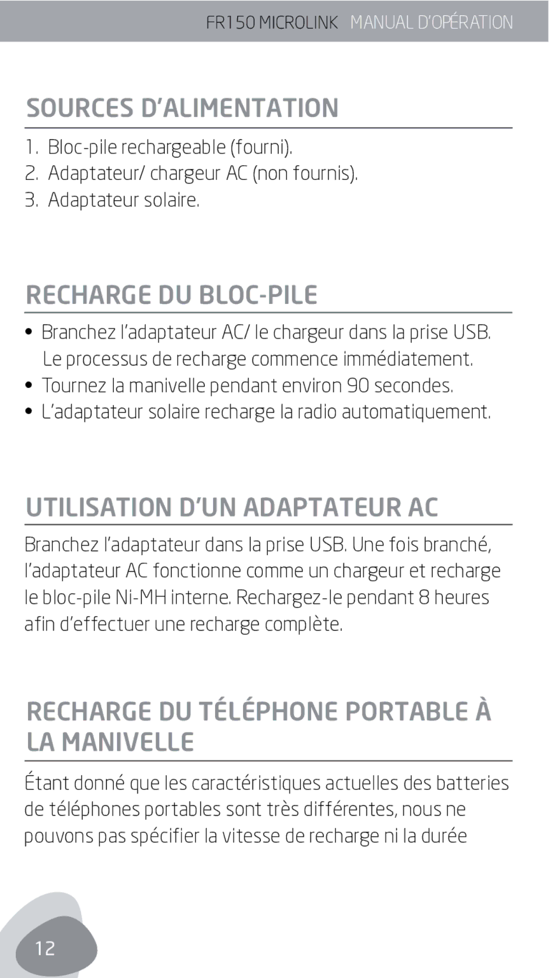 Eton FR150 owner manual Sources D’ALIMENTATION, Recharge DU BLOC-PILE, Utilisation D’UN Adaptateur AC 