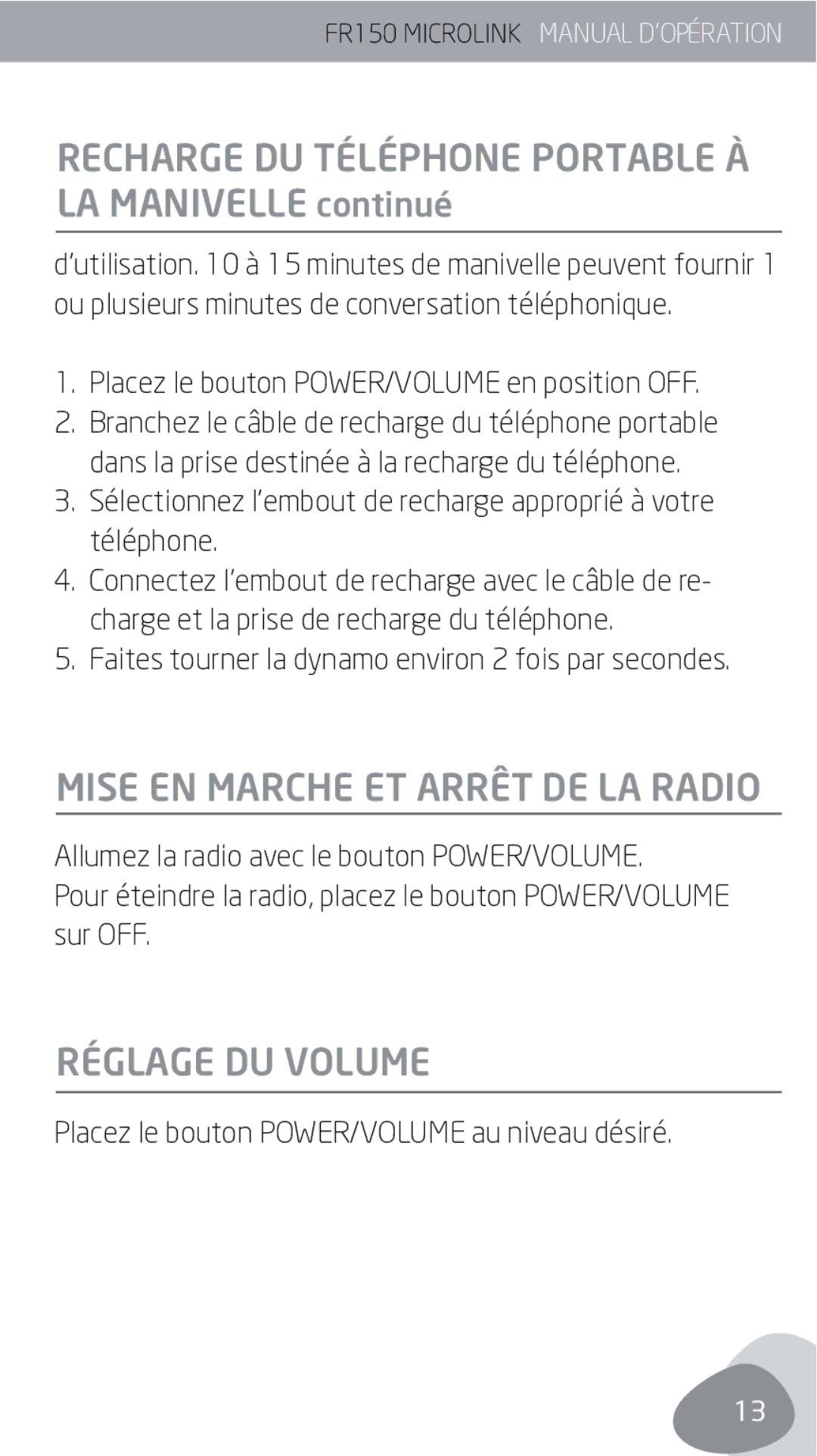 Eton FR150 owner manual Recharge DU Téléphone Portable À LA Manivelle continué, Réglage DU Volume 