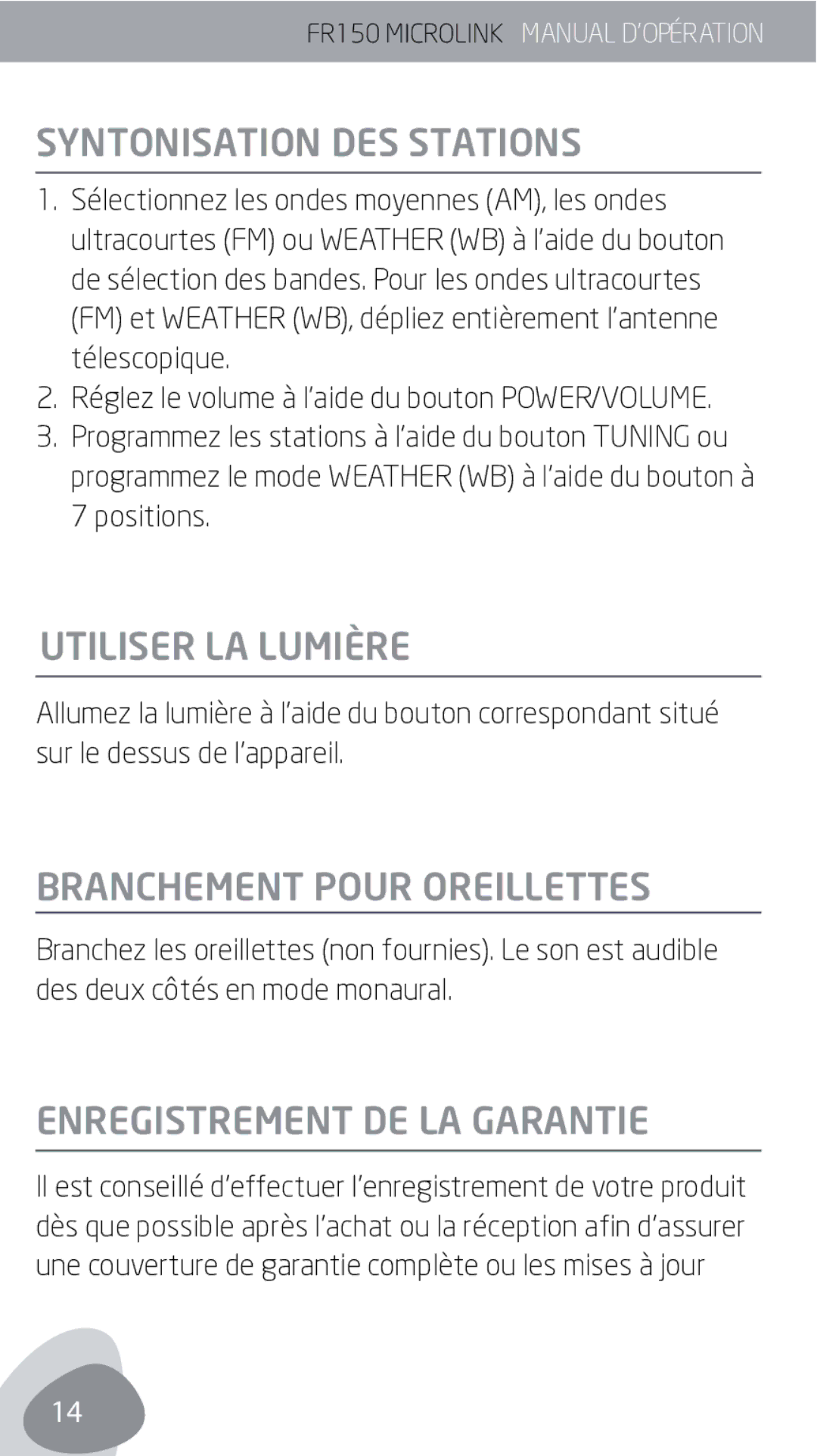 Eton FR150 Syntonisation DES Stations, Utiliser LA Lumière, Branchement Pour Oreillettes, Enregistrement DE LA Garantie 