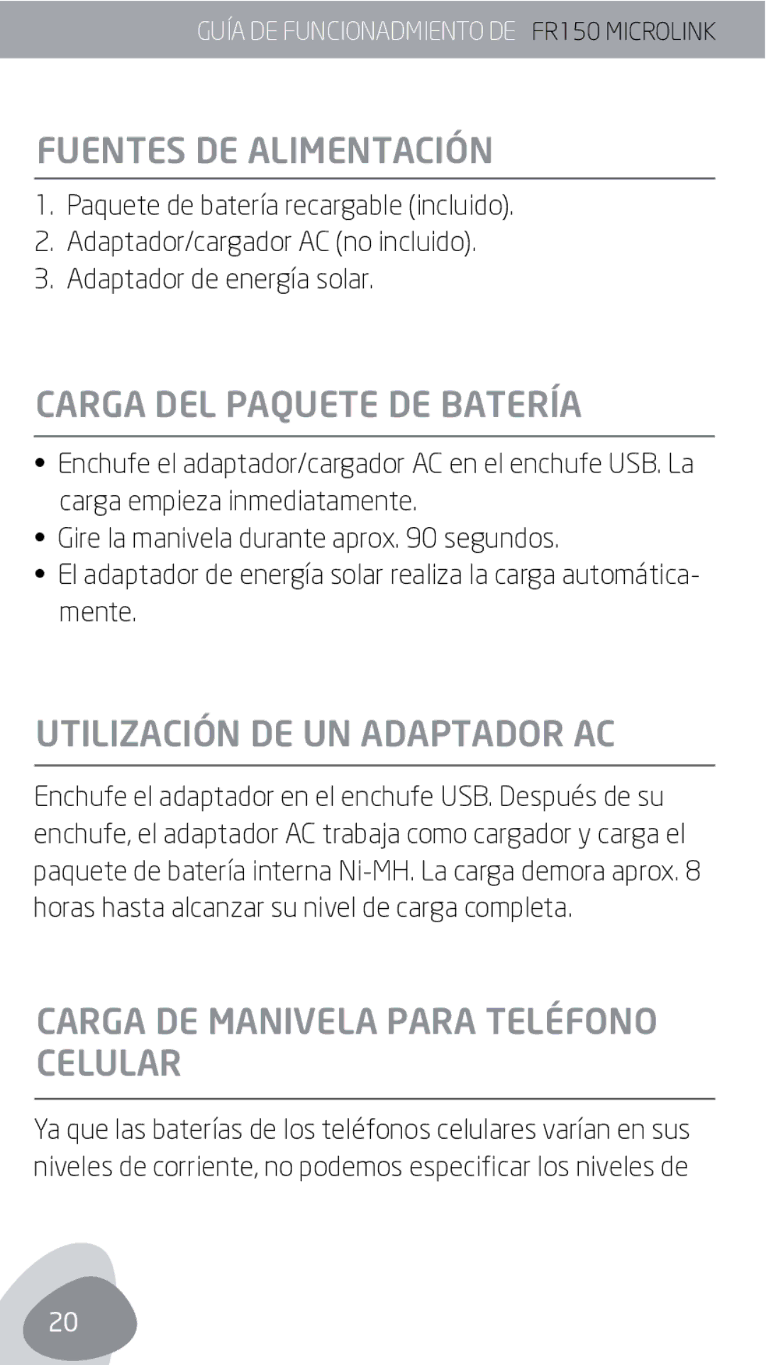 Eton FR150 owner manual Fuentes DE Alimentación, Carga DEL Paquete DE Batería, Utilización DE UN Adaptador AC 