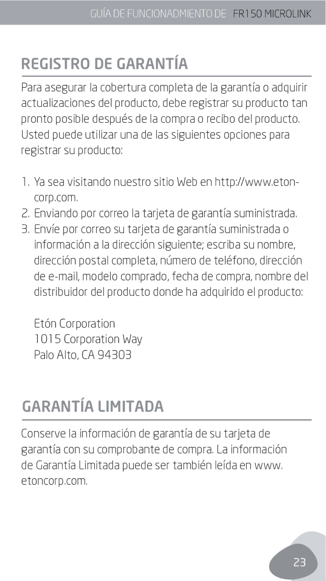 Eton FR150 owner manual Registro DE Garantía, Garantía Limitada 