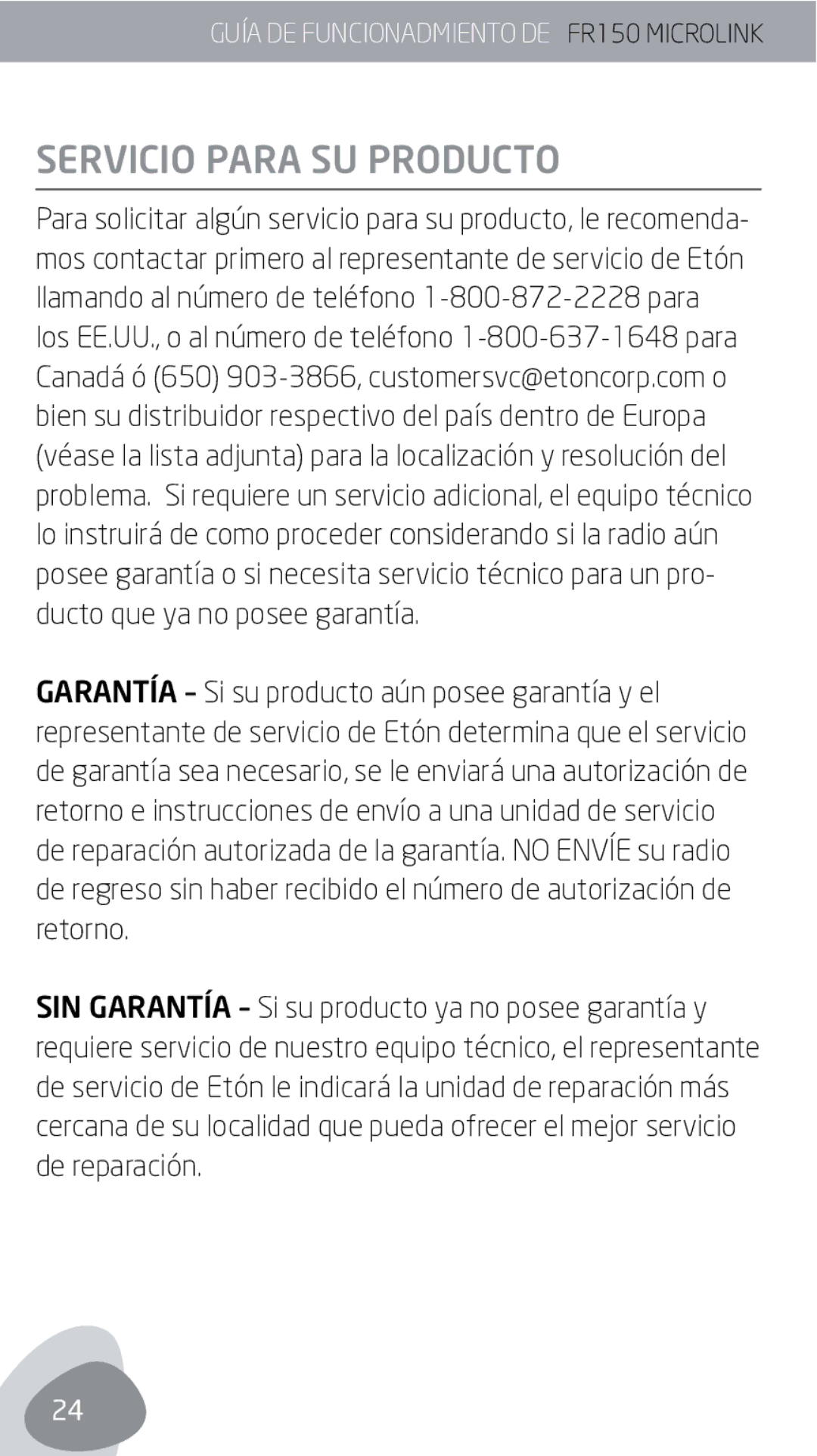 Eton FR150 owner manual Servicio Para SU Producto 