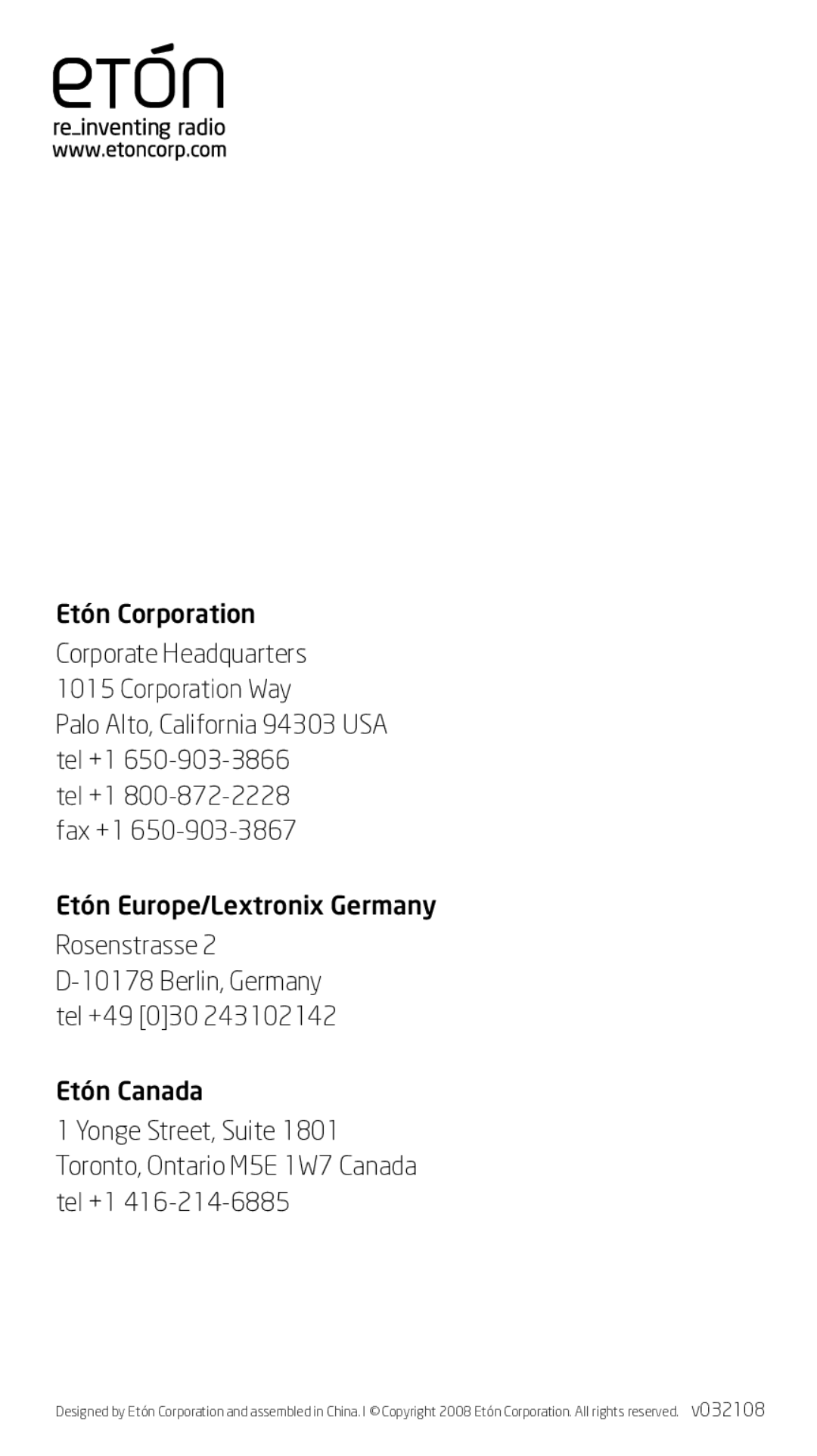 Eton FR150 owner manual Rosenstrasse 2 D-10178 Berlin, Germany tel +49 030 