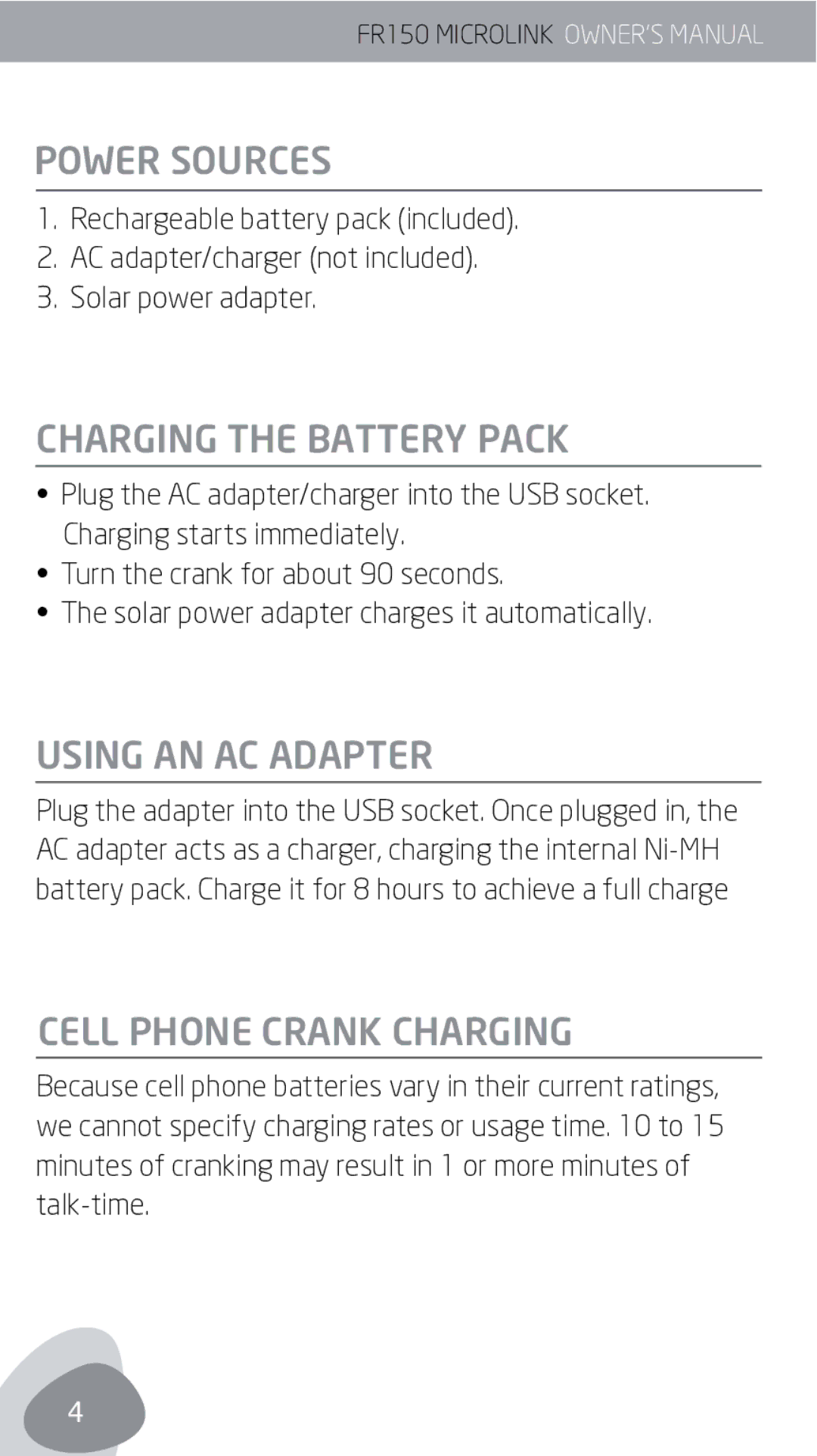 Eton FR150 owner manual Power Sources, Charging the Battery Pack, Using AN AC Adapter, Cell Phone Crank Charging 