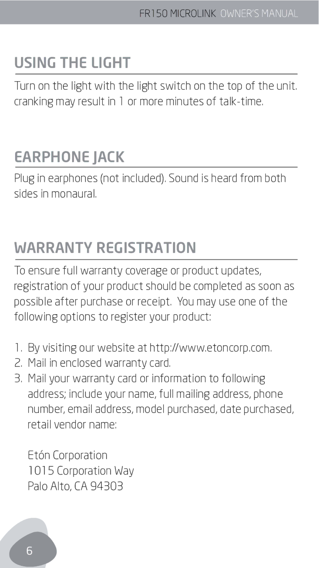 Eton FR150 owner manual Using the Light, Earphone Jack, Warranty Registration 