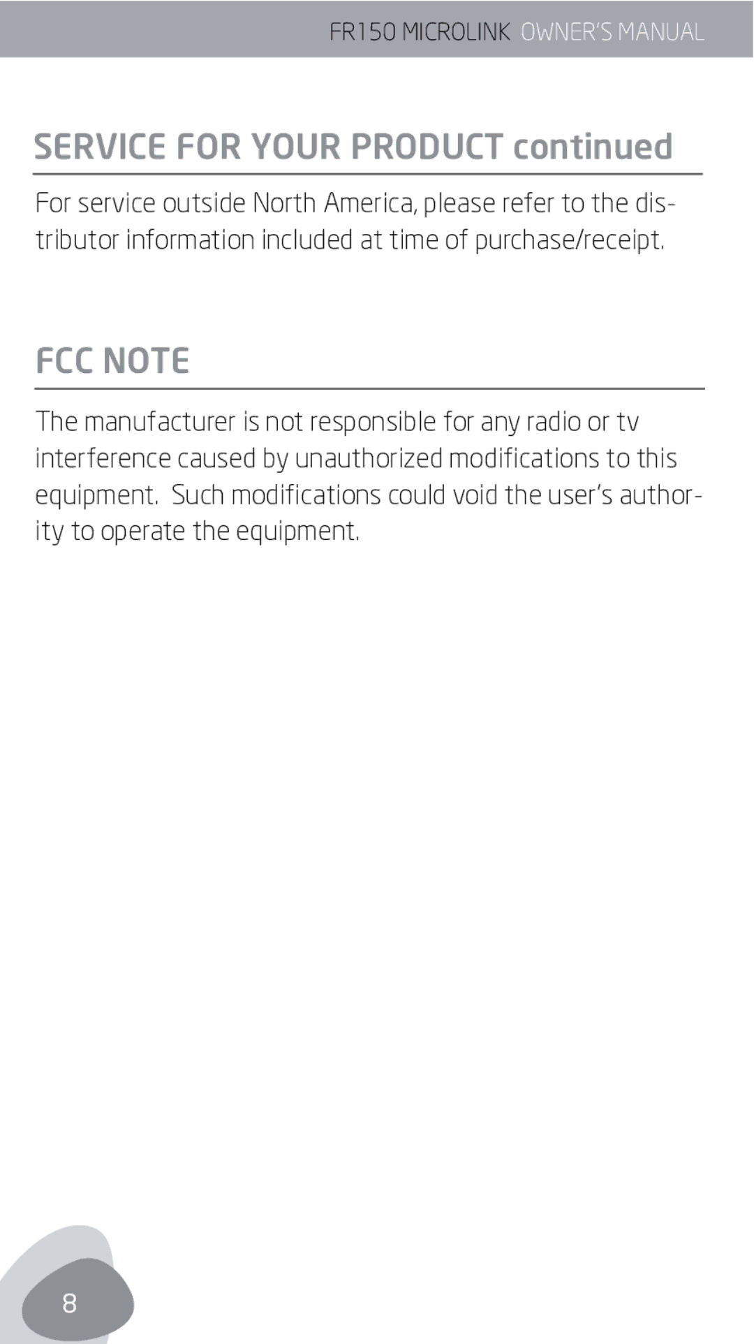 Eton FR150 owner manual Service for Your Product, FCC Note 