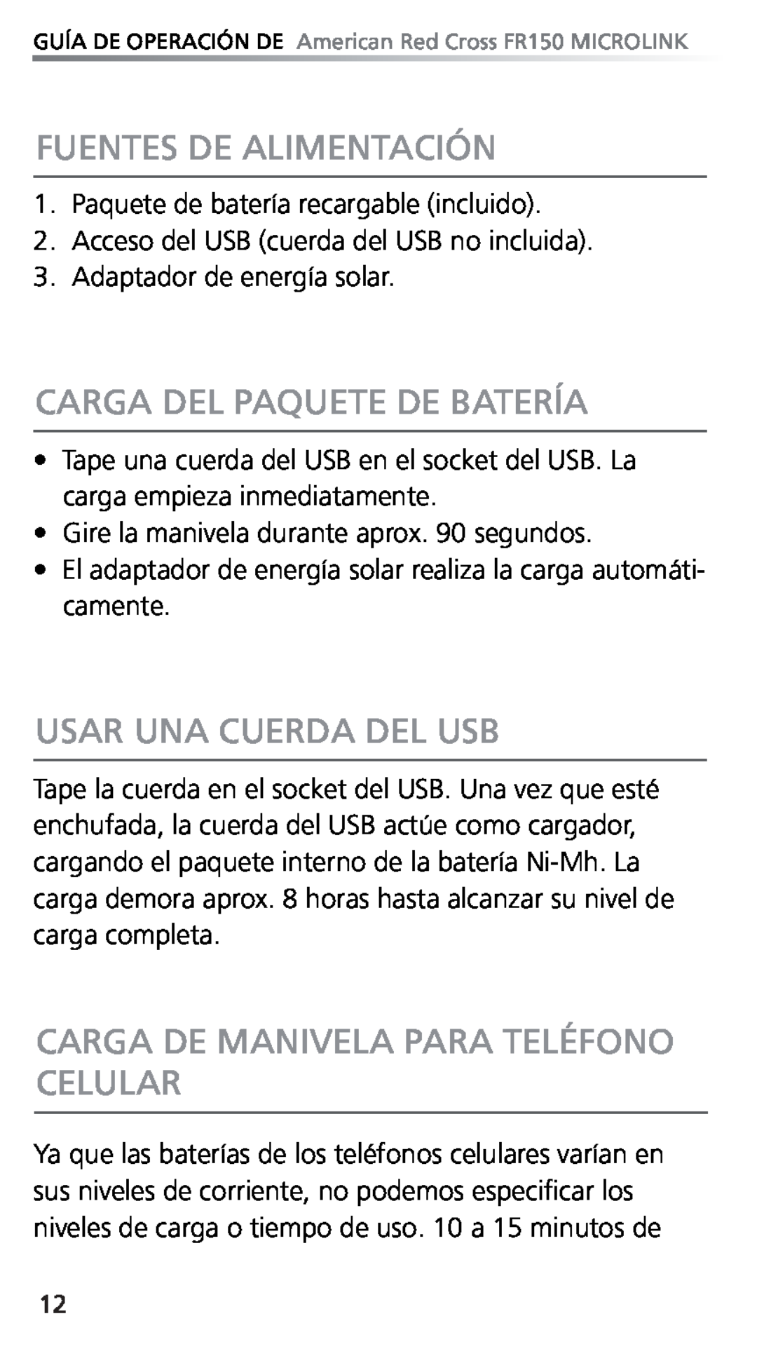 Eton FR150 owner manual Fuentes De Alimentación, Carga Del Paquete De Batería, USAR Una CUERDA Del Usb 