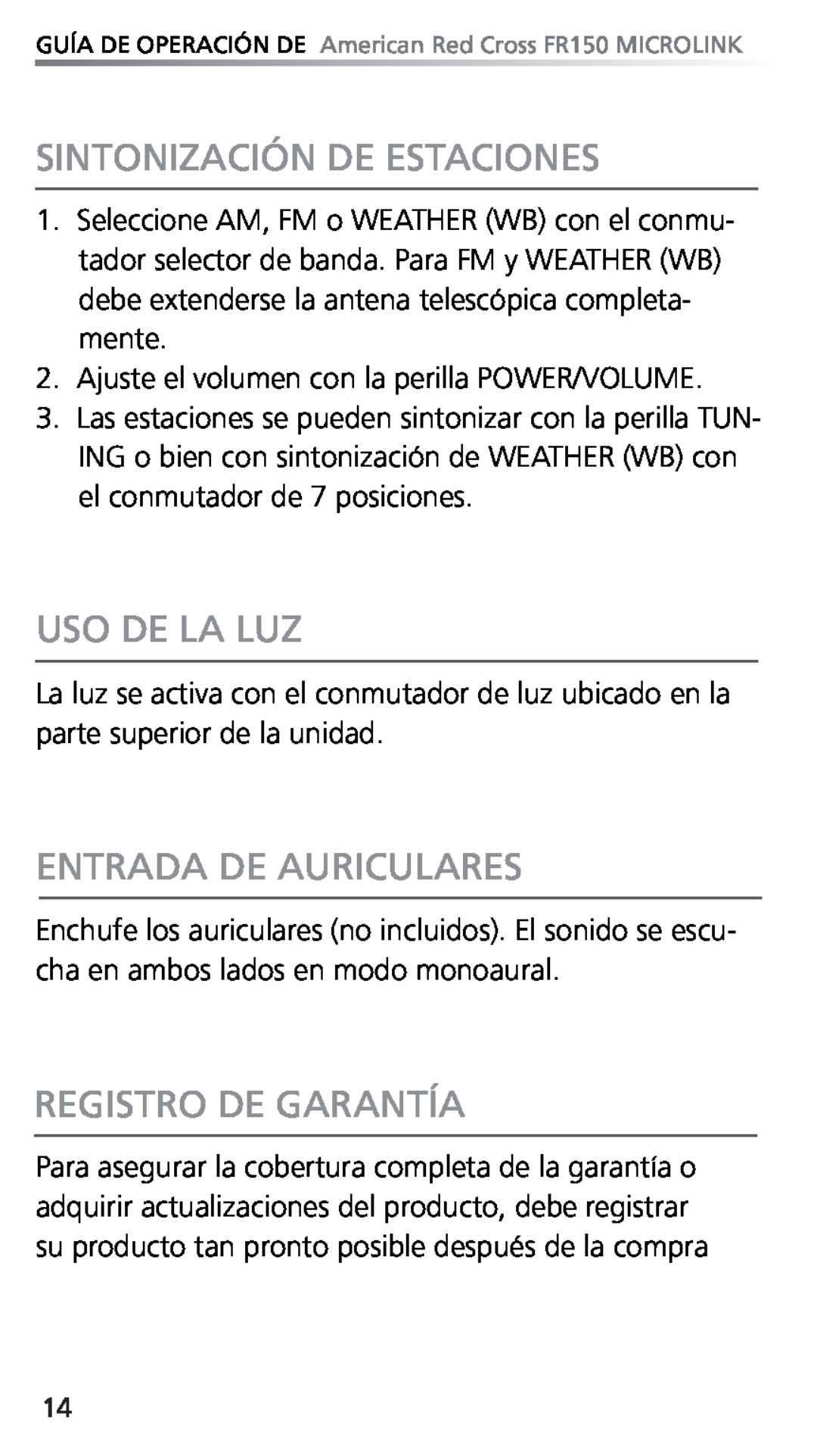 Eton FR150 owner manual Sintonización De Estaciones, Uso De La Luz, Entrada De Auriculares, Registro De Garantía 