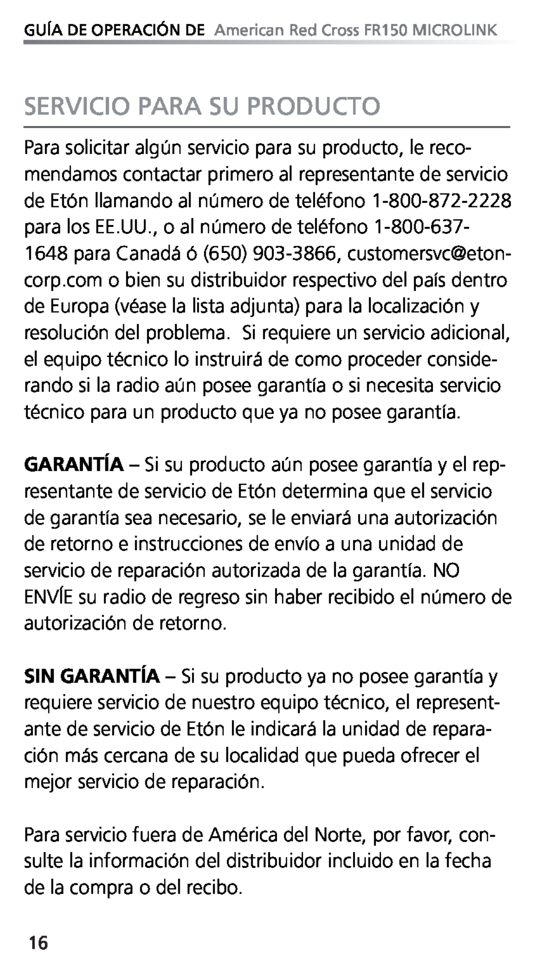 Eton FR150 owner manual Servicio Para Su Producto 