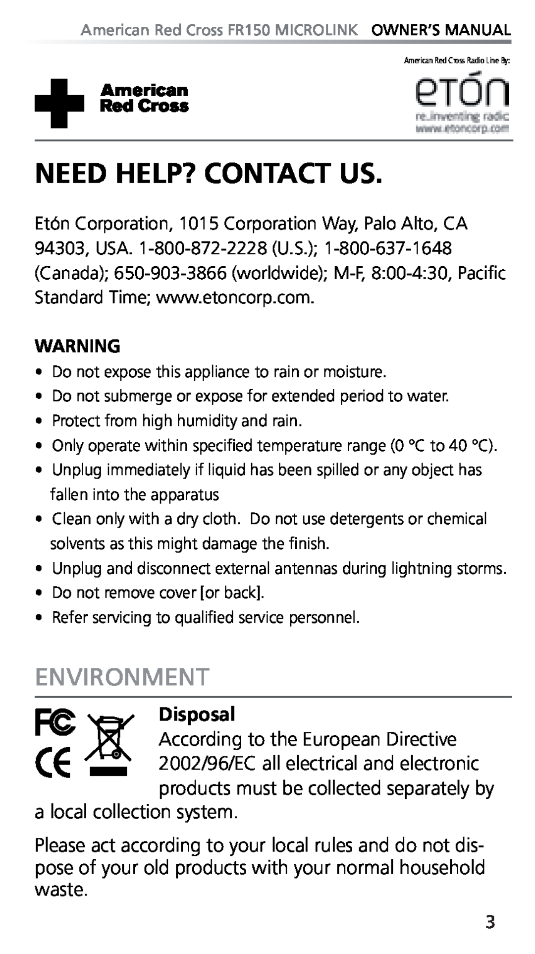 Eton FR150 owner manual Environment, Disposal, Need Help? Contact Us 