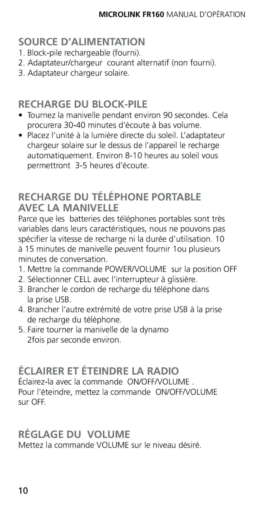 Eton FR160 owner manual Source D’ALIMENTATION, Recharge DU BLOCK-PILE, Recharge DU Téléphone Portable Avec LA Manivelle 