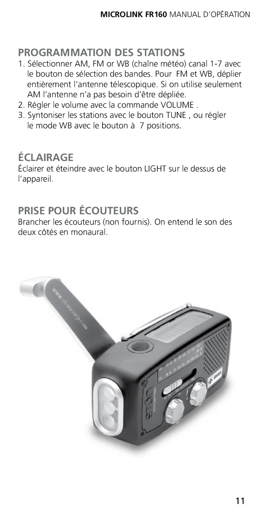 Eton FR160 owner manual Programmation DES Stations, Éclairage, Prise Pour Écouteurs 