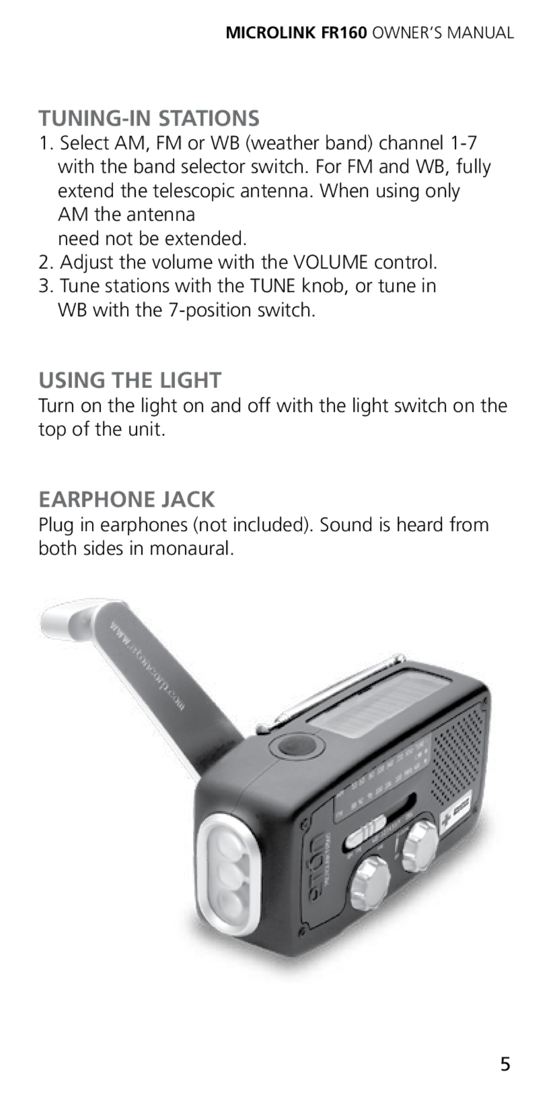 Eton FR160 owner manual TUNING-IN Stations, Using the Light, Earphone Jack 