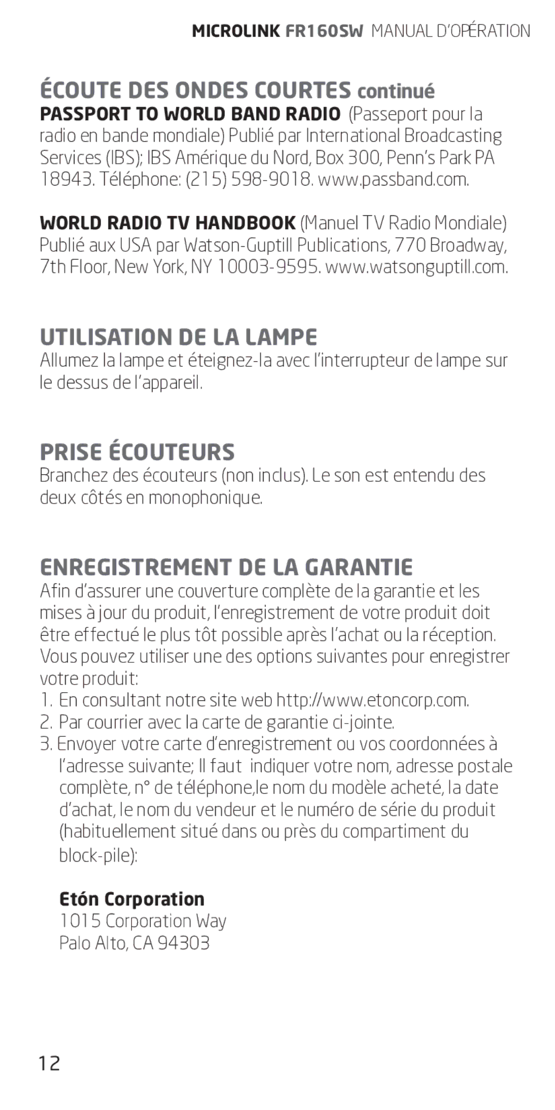 Eton FR160 owner manual Utilisation DE LA Lampe, Prise Écouteurs, Enregistrement DE LA Garantie 