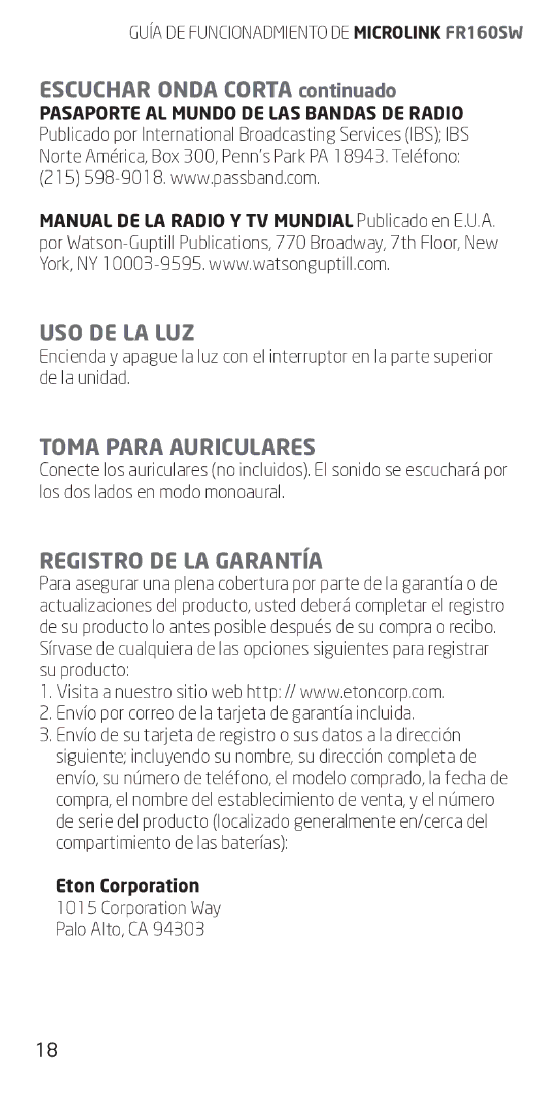 Eton FR160 owner manual Uso De La Luz, Toma Para Auriculares, Registro DE LA Garantía 