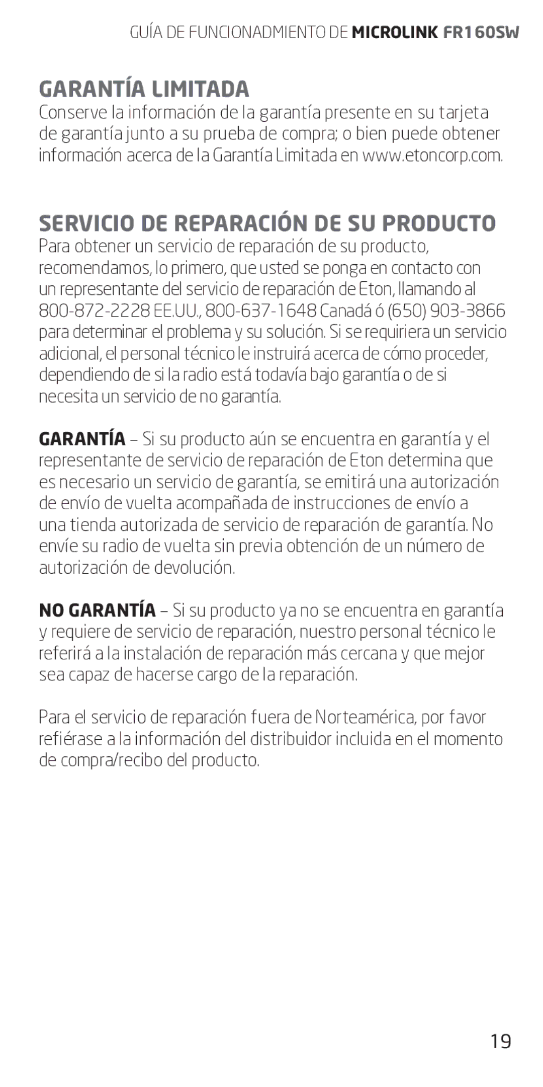 Eton FR160 owner manual Garantía Limitada Servicio DE Reparación DE SU Producto 