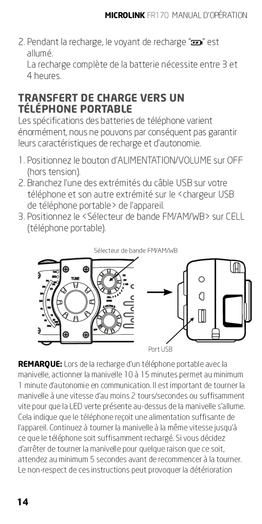 Eton FR170 Transfert De Charge Vers Un Téléphone Portable, Pendant la recharge, le voyant de recharge ““ est allumé 