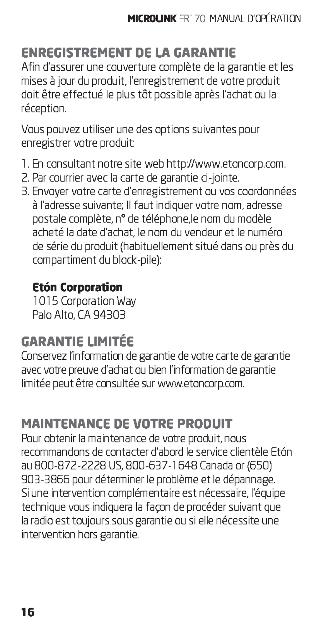 Eton FR170 owner manual Enregistrement De La Garantie, Garantie Limitée, Maintenance De Votre Produit, Etón Corporation 
