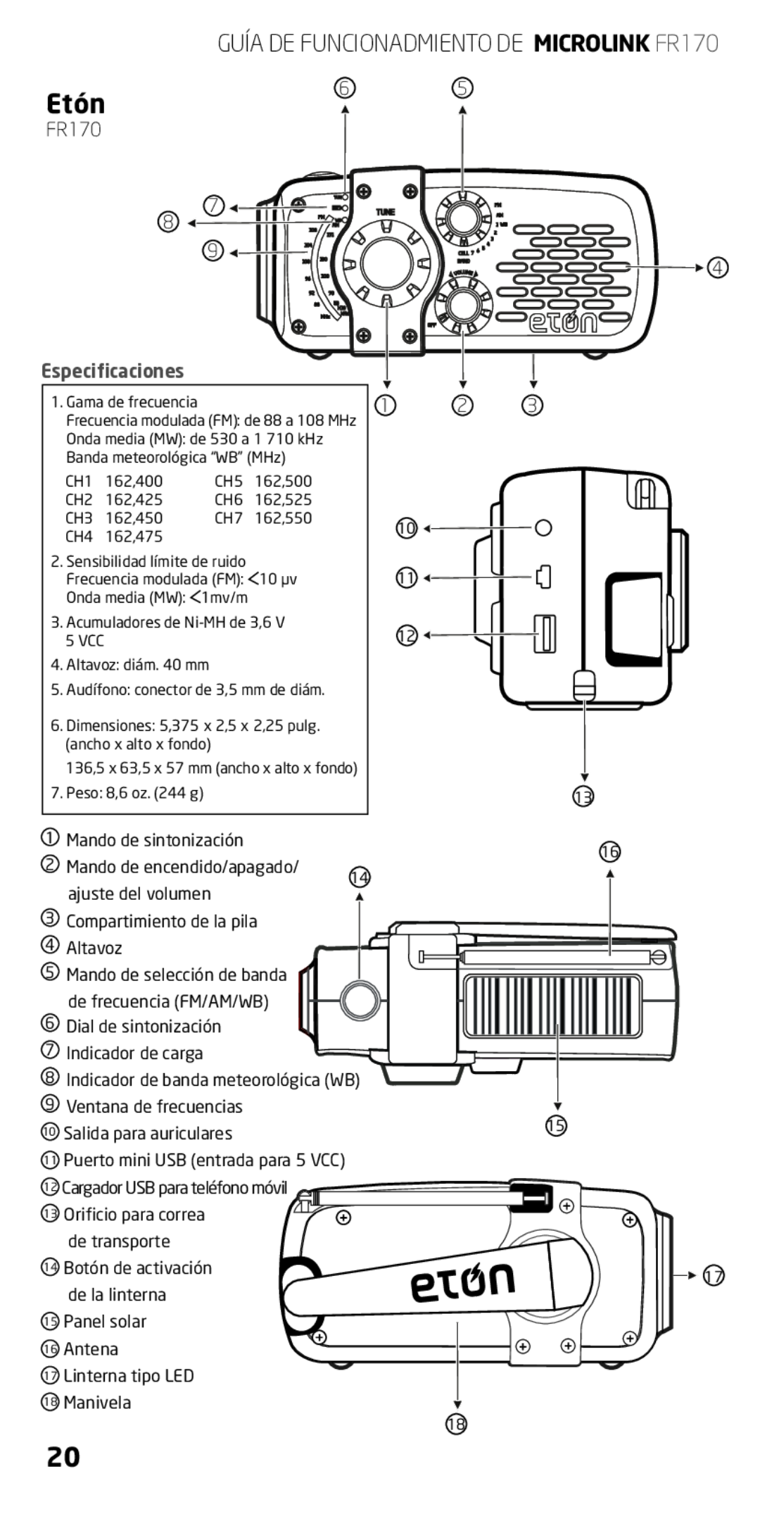 Eton FR170 owner manual Etón, Especificaciones 