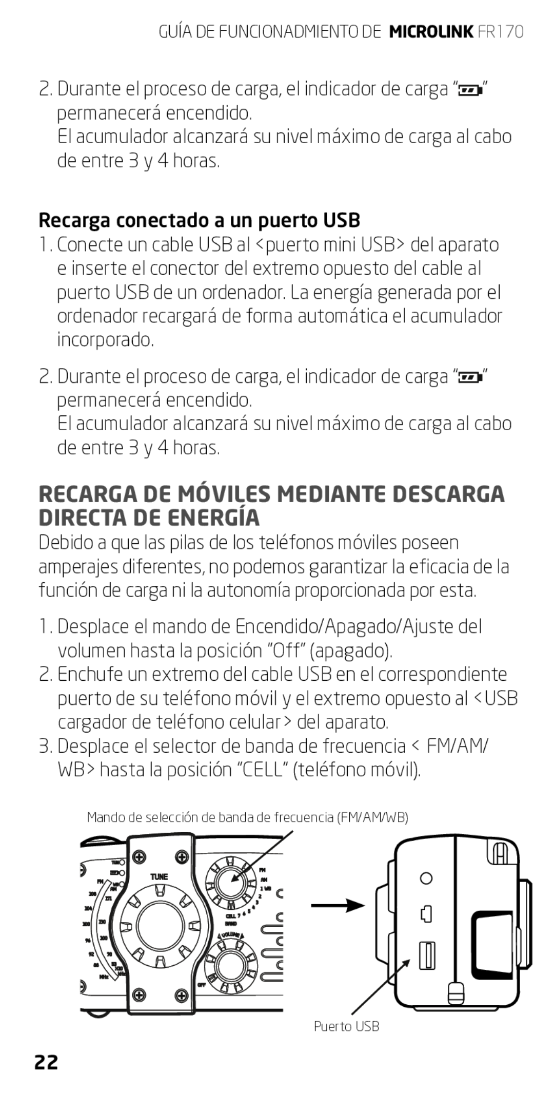 Eton FR170 owner manual Recarga De Móviles Mediante Descarga Directa De Energía 