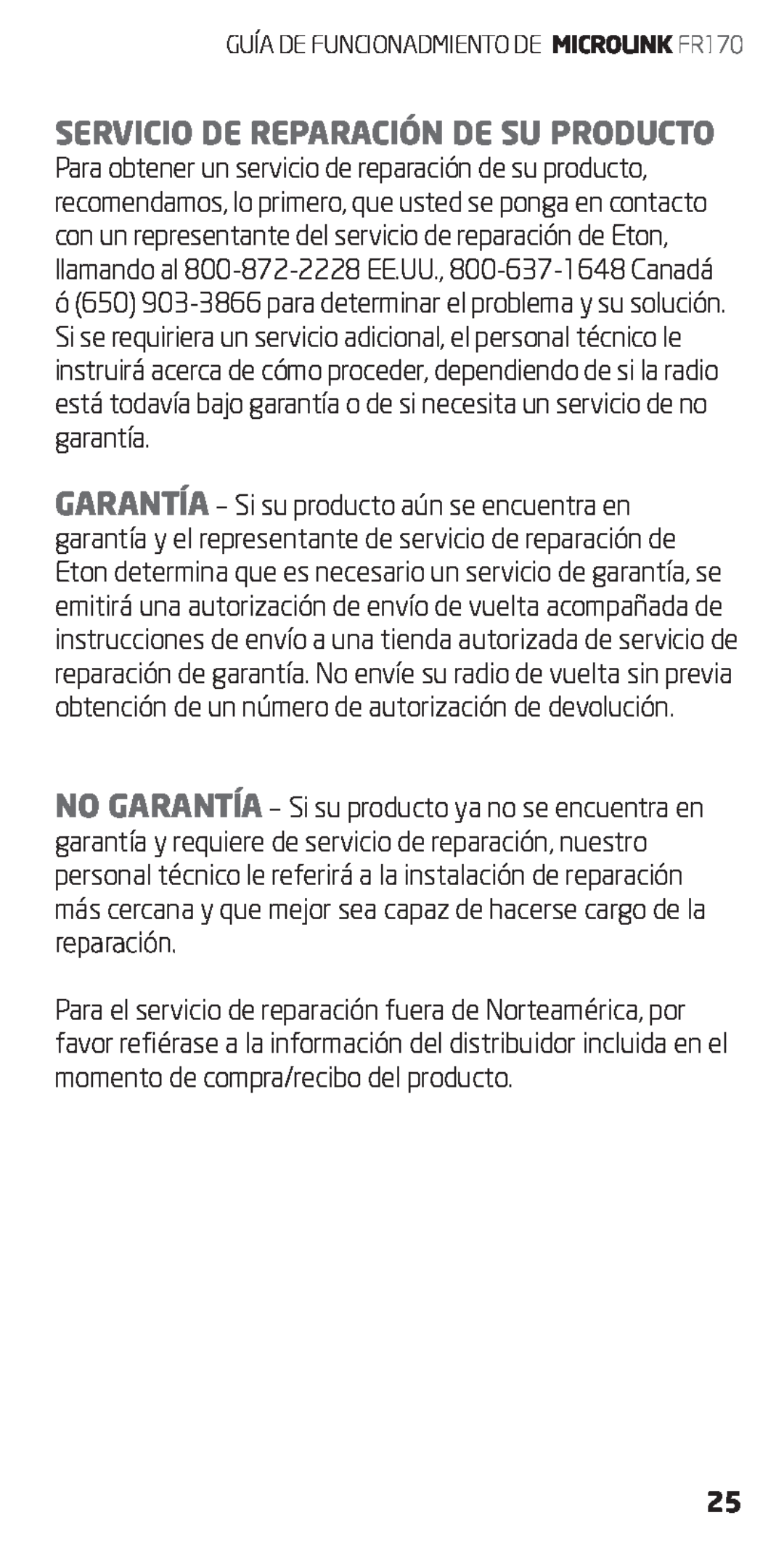Eton FR170 owner manual Servicio De Reparación De Su Producto 
