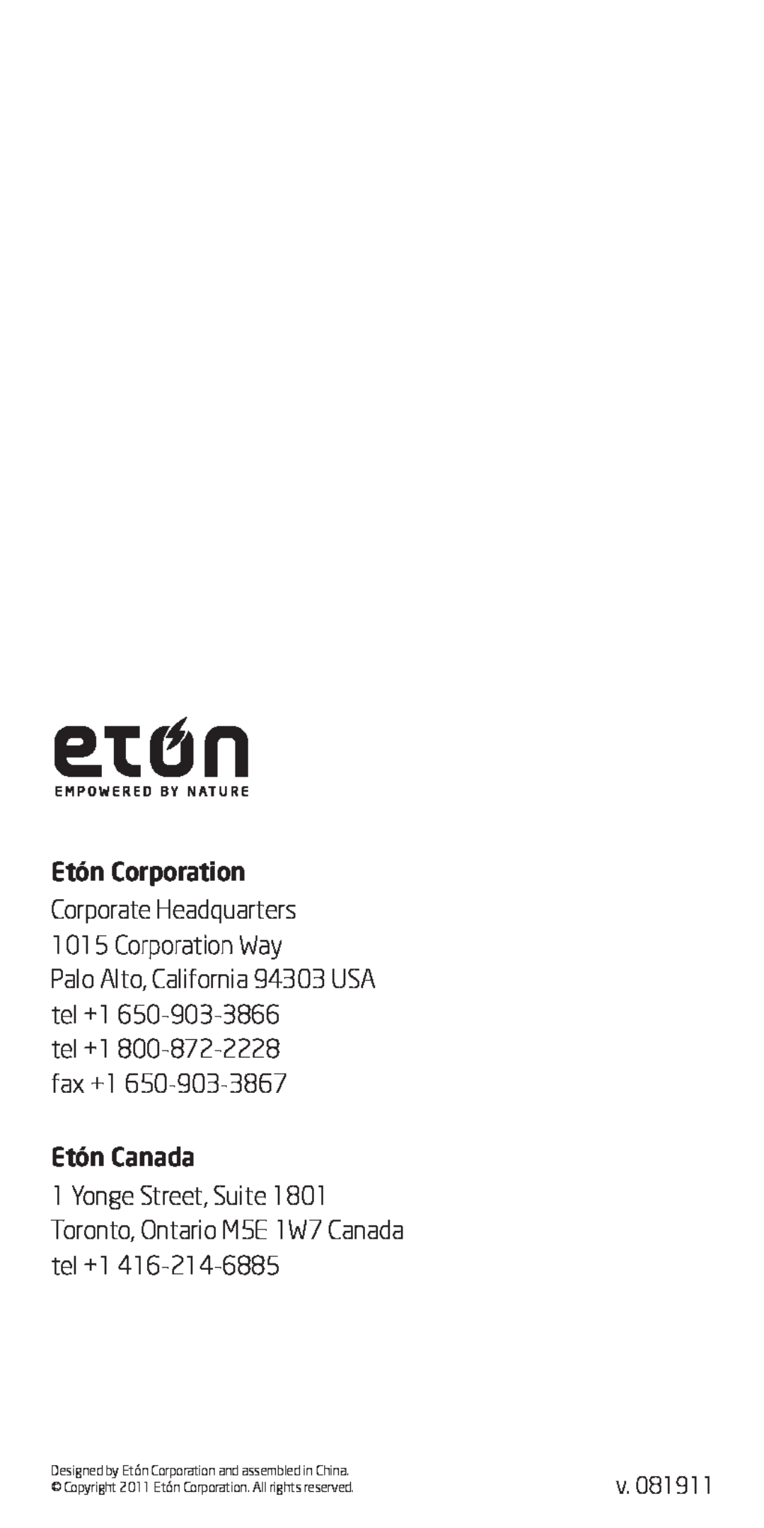 Eton FR170 owner manual Etón Corporation Corporate Headquarters 1015 Corporation Way, Etón Canada 