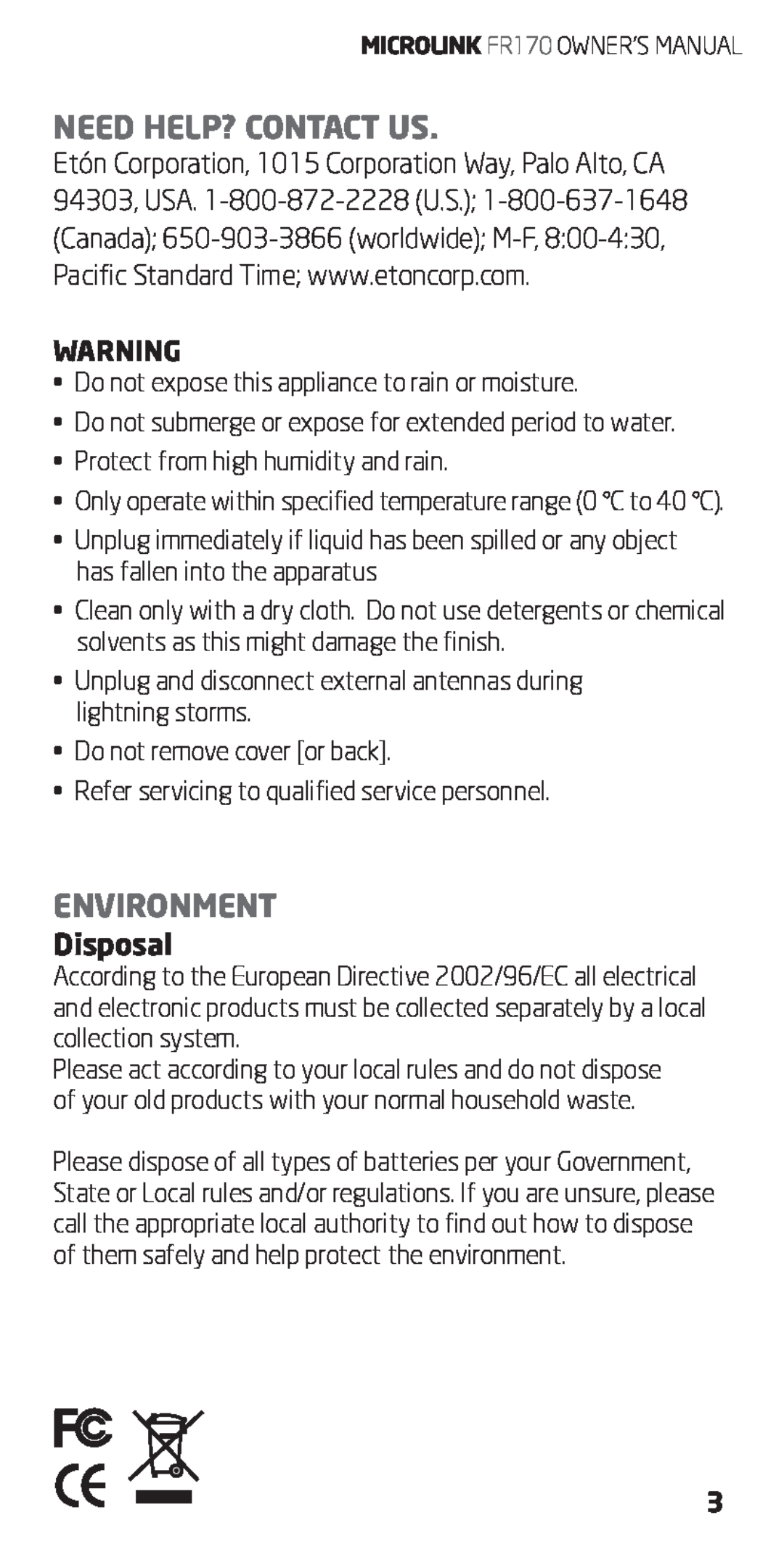 Eton FR170 owner manual Need Help? Contact Us, Environment, Disposal 