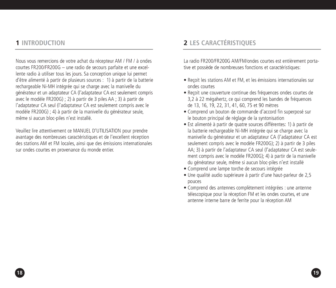 Eton FR200G operation manual Introduction, LES Caractéristiques 