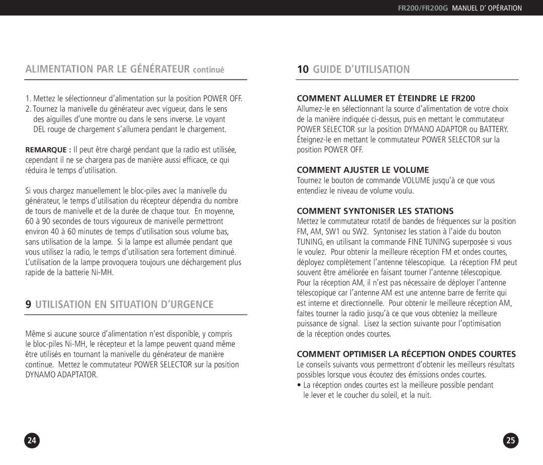 Eton FR200G Alimentation PAR LE Générateur continué, Utilisation EN Situation D’URGENCE, Guide D’UTILISATION 