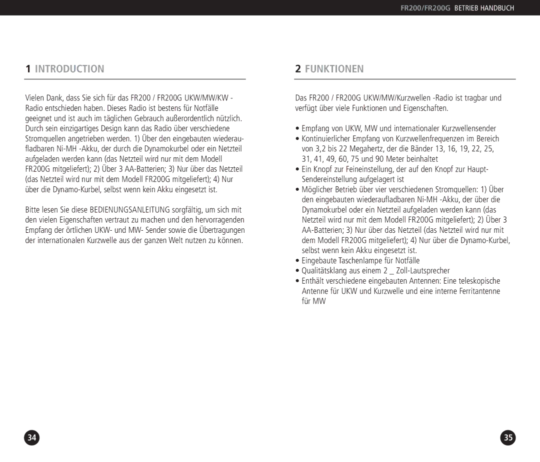 Eton FR200G operation manual Funktionen, Empfang von UKW, MW und internationaler Kurzwellensender 