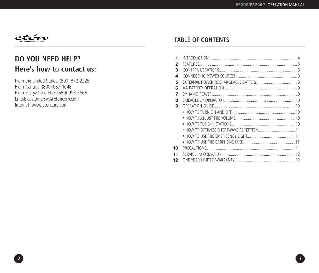 Eton FR200G operation manual Do YOU Need HELP? Here’s how to contact us 