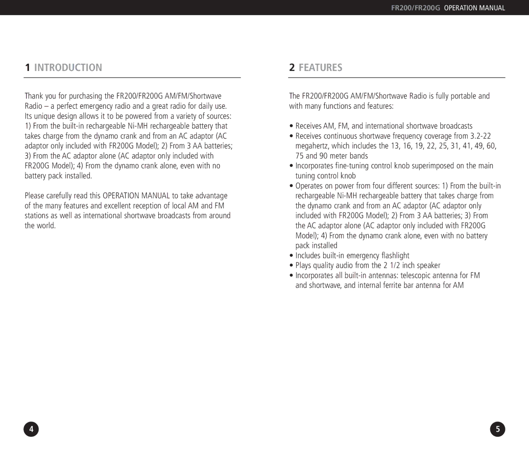 Eton FR200G operation manual Introduction, Features 