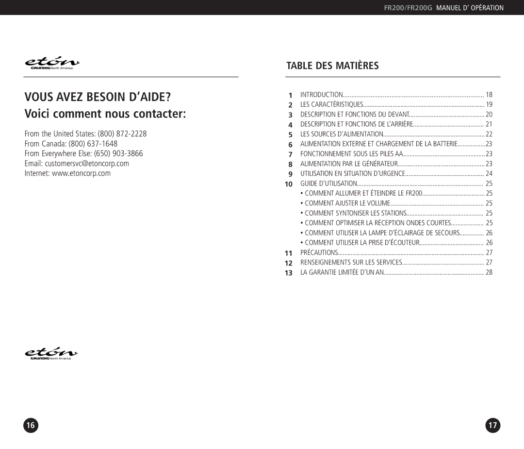 Eton FR200G operation manual Table DES Matières 