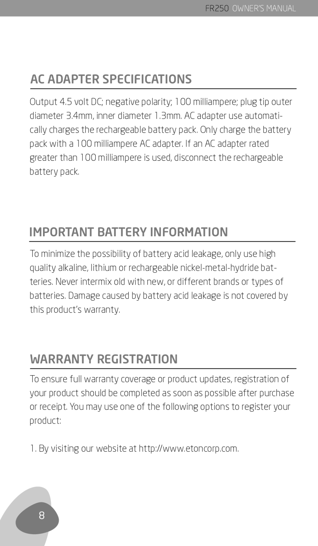 Eton FR250 owner manual AC Adapter Specifications, Important Battery Information, Warranty Registration 