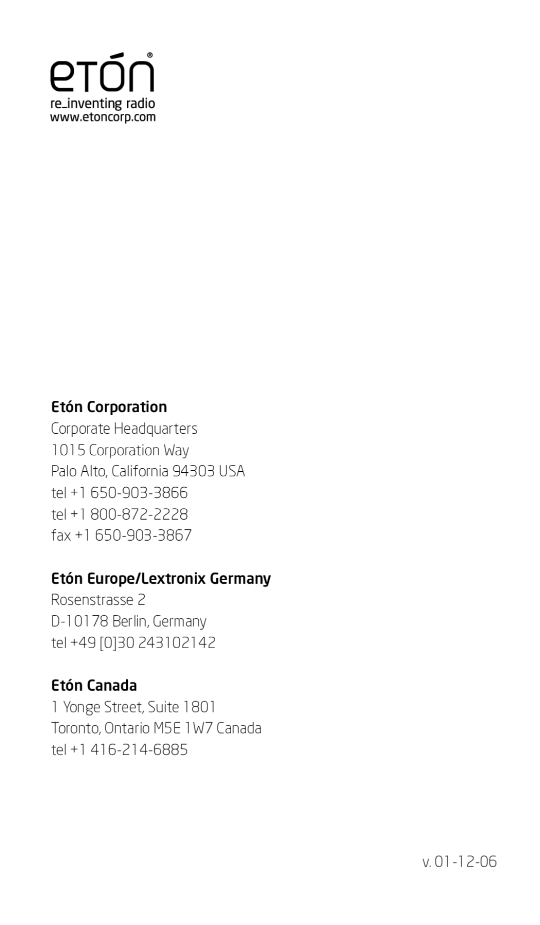 Eton FR250 owner manual Etón Corporation Corporate Headquarters 1015 Corporation Way 