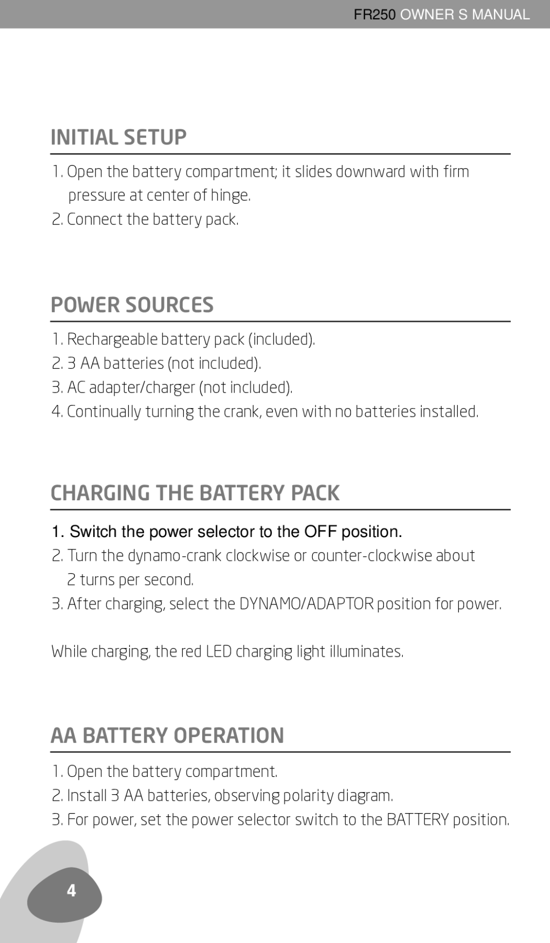 Eton FR250 owner manual Initial Setup, Power Sources, Charging the Battery Pack, AA Battery Operation 