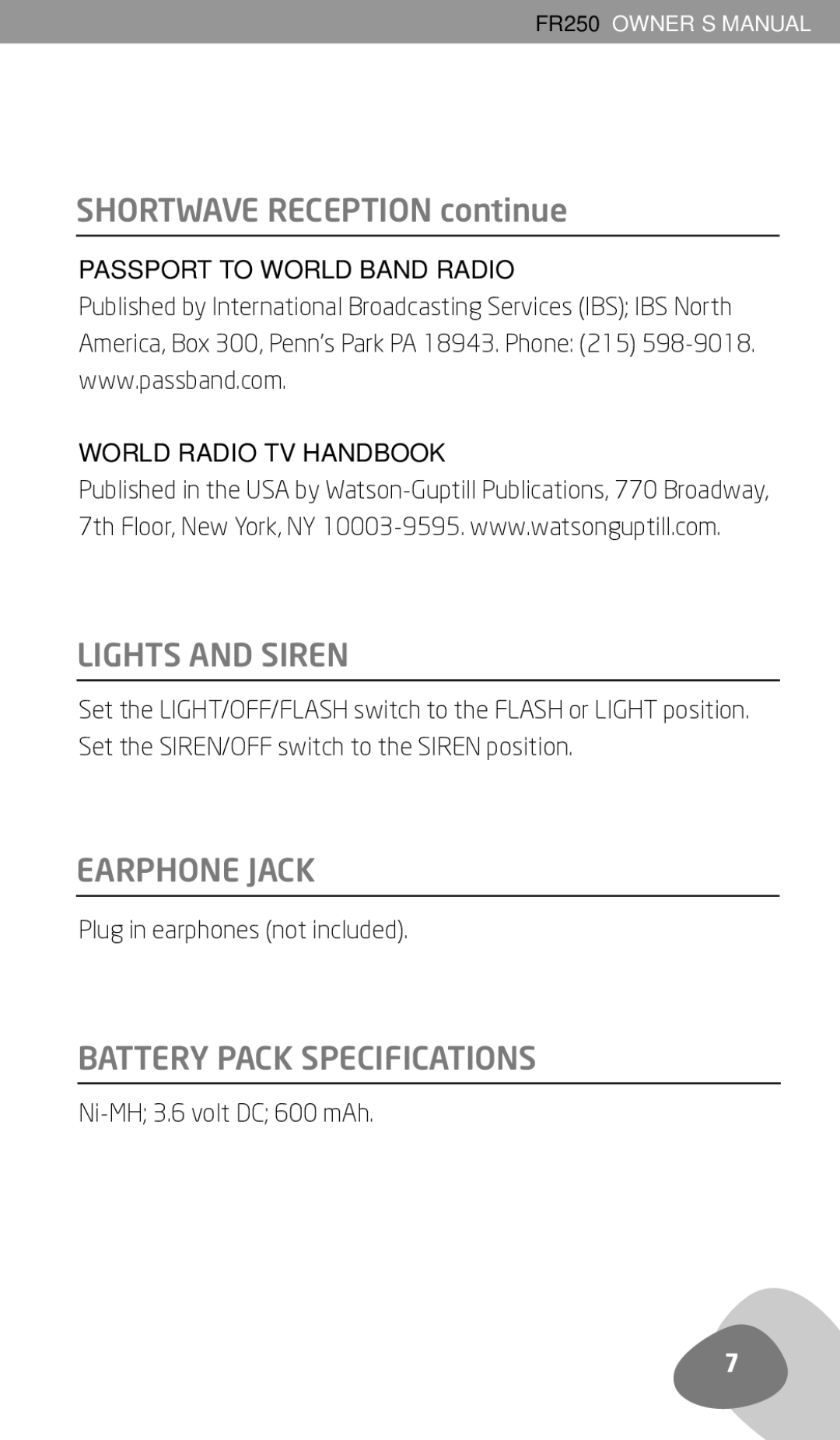 Eton FR250 owner manual Lights and Siren, Earphone Jack, Battery Pack Specifications 