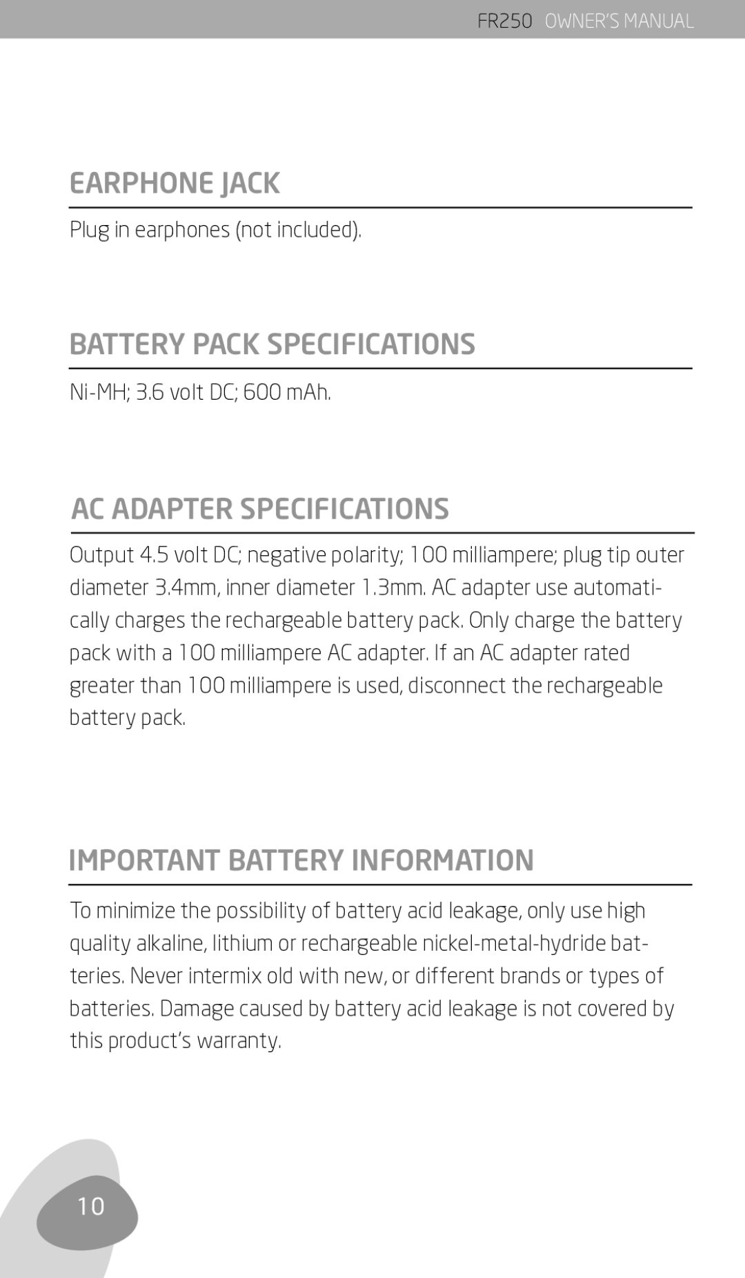 Eton FR250 Earphone Jack, Battery Pack Specifications, AC Adapter Specifications, Important Battery Information 