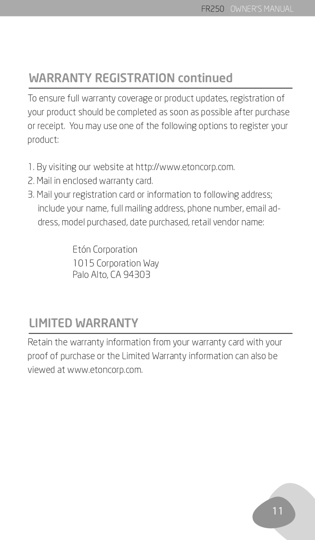 Eton FR250 owner manual Warranty Registration, Limited Warranty, Etón Corporation Corporation Way Palo Alto, CA 