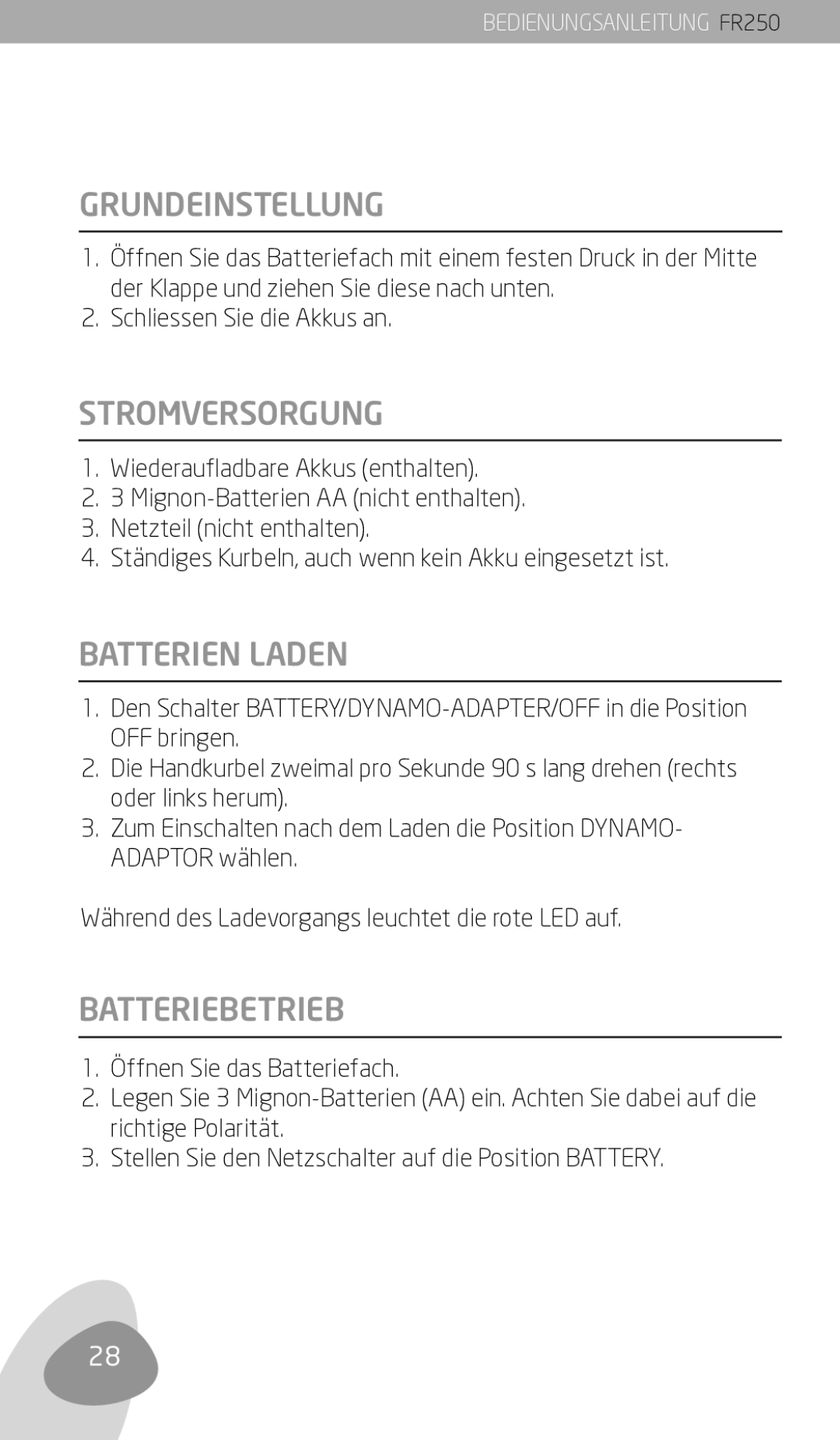 Eton FR250 owner manual Grundeinstellung, Stromversorgung, Batterien laden, Batteriebetrieb 