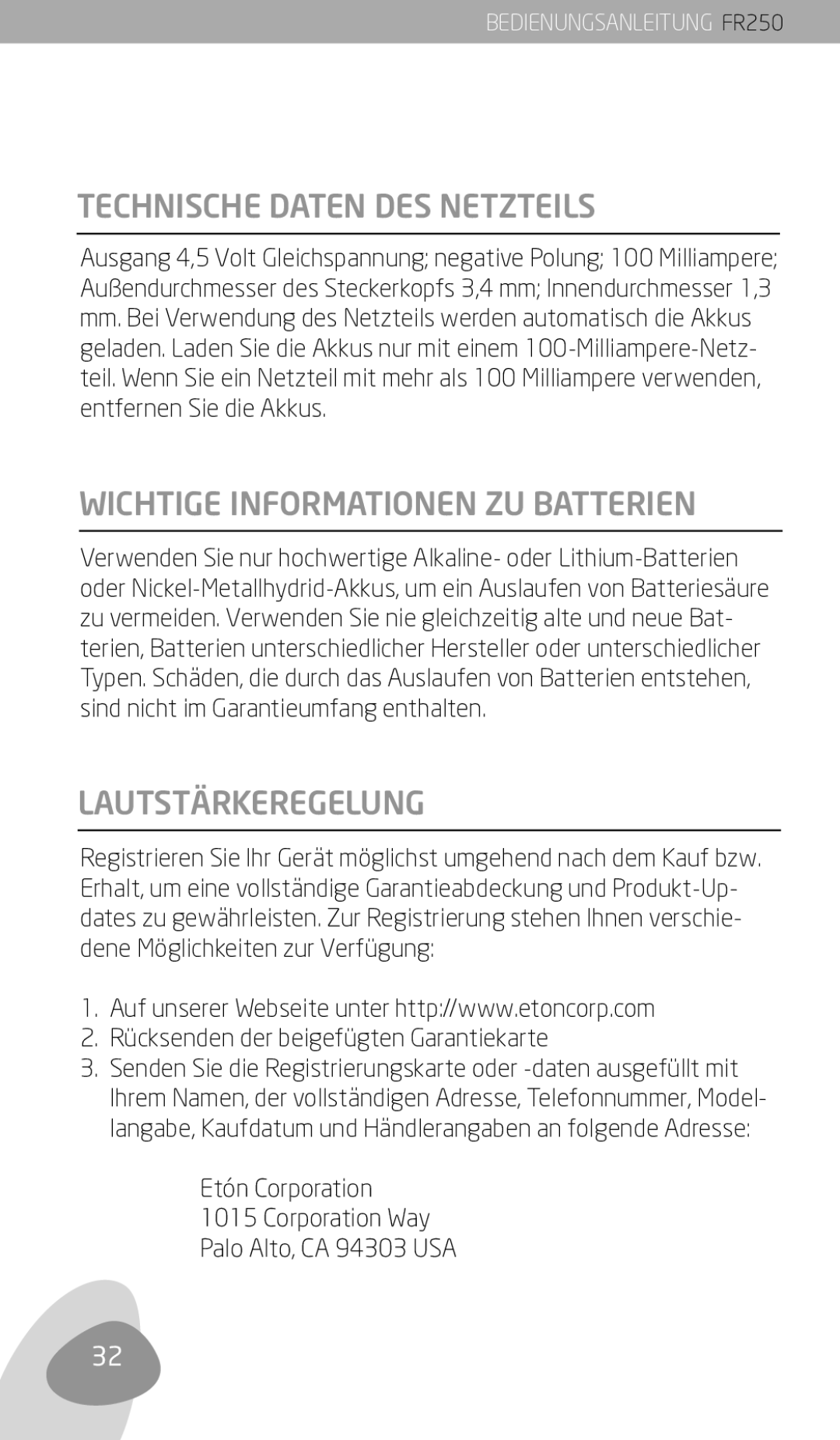 Eton FR250 Technische Daten DES Netzteils, Wichtige Informationen ZU Batterien, Rücksenden der beigefügten Garantiekarte 